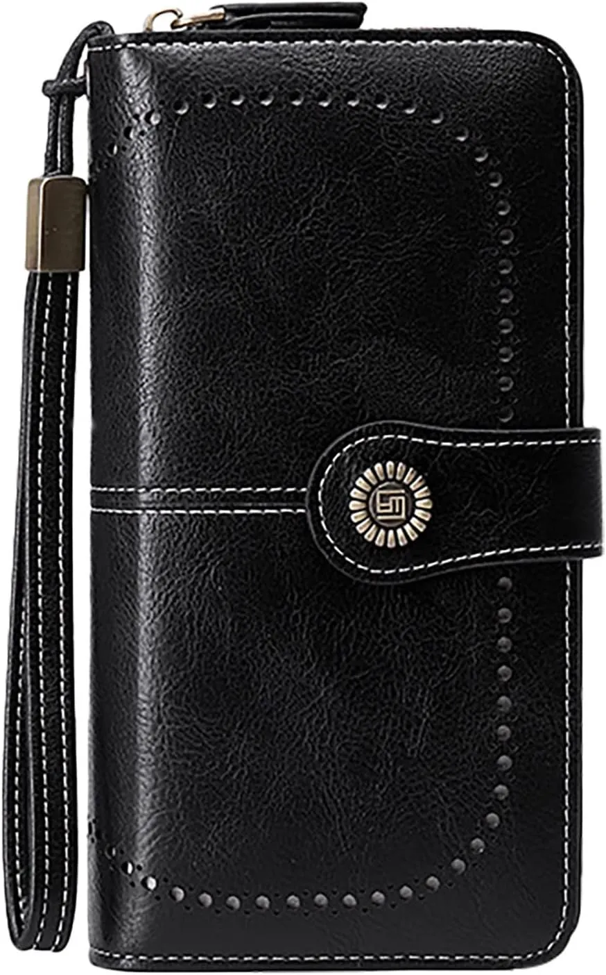 Rfid Wallet Women,Leather Wallet Women Wristlet,Bifold Large Capacity Zip Around Rfid Blocking Credit Card Wallet Clutch Purses,Travel Wallet for Women Mom Girls Ladies