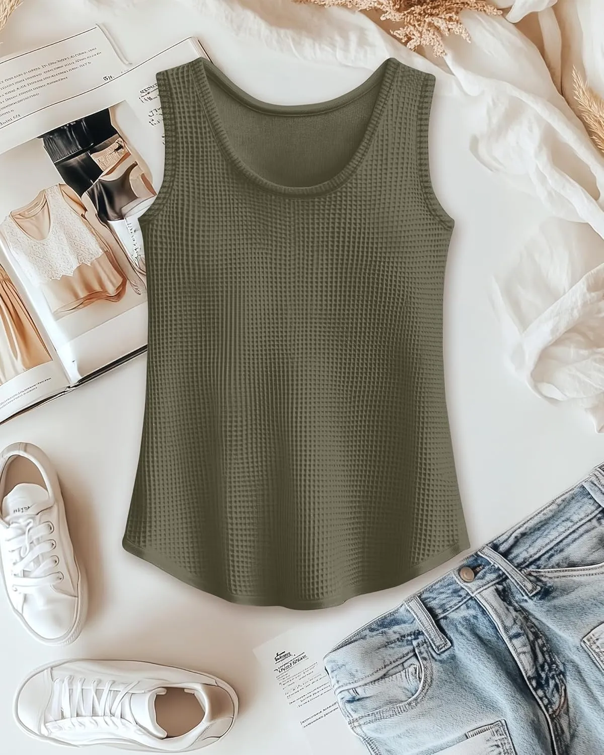 Riyiper 3 Pack Women's Waffle Knit Tunic Tank Tops Scoop Neck Loose Fit Sleeveless Shirts Summer 2025 Beach Vacation Clothes