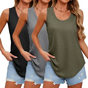 Riyiper 3 Pack Women's Waffle Knit Tunic Tank Tops Scoop Neck Loose Fit Sleeveless Shirts Summer 2025 Beach Vacation Clothes