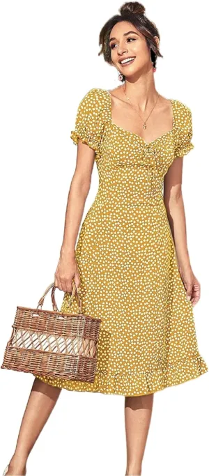 Roll Up Fashion Women's Girls Spring Summer Floral Midi Dress Ruffle Hem Puff Sleeves Cute Trendy Dresses