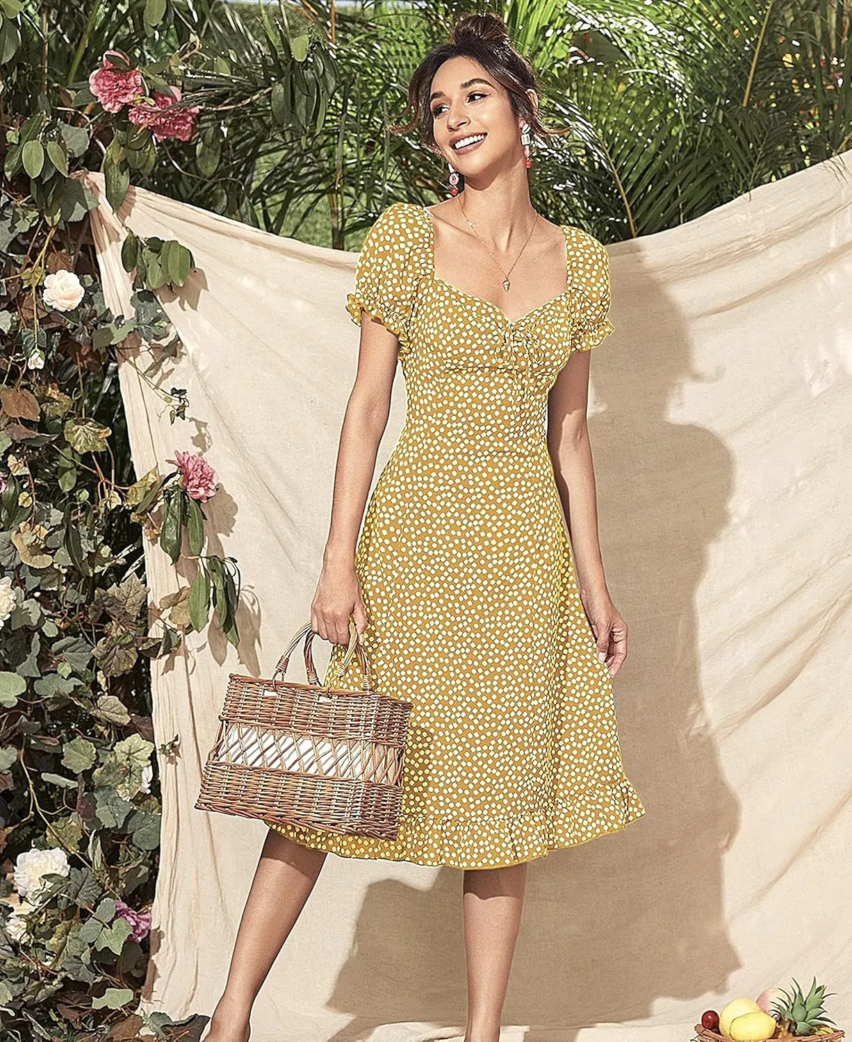 Roll Up Fashion Women's Girls Spring Summer Floral Midi Dress Ruffle Hem Puff Sleeves Cute Trendy Dresses