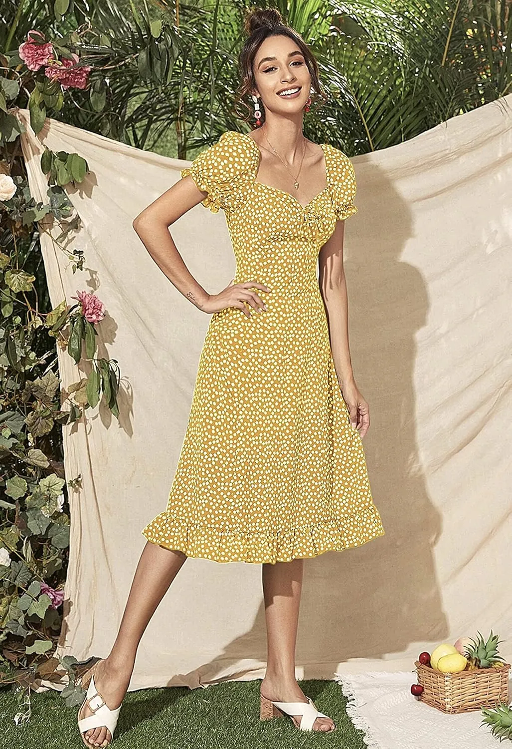 Roll Up Fashion Women's Girls Spring Summer Floral Midi Dress Ruffle Hem Puff Sleeves Cute Trendy Dresses