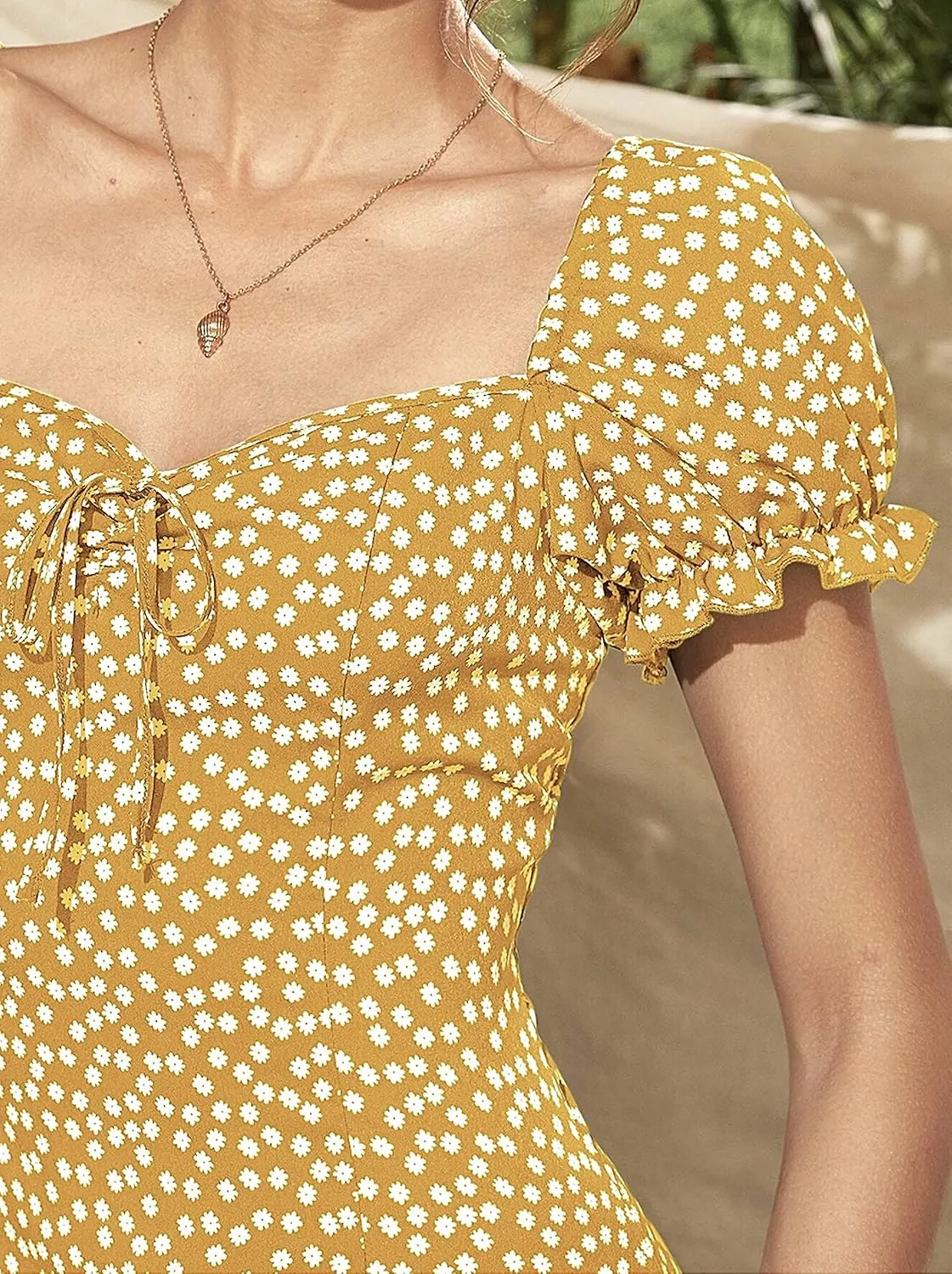 Roll Up Fashion Women's Girls Spring Summer Floral Midi Dress Ruffle Hem Puff Sleeves Cute Trendy Dresses