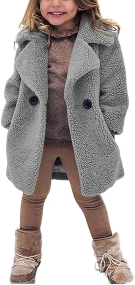 rrhss Baby Girls Faux Fur Teddy Long Coat Toddler Kids Winter Fleece Jacket Warm Outwear Clothes
