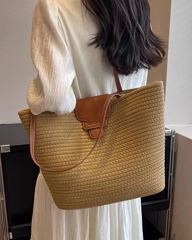 Rungion Summer Straw Tote Bags for Women Knitted Large Top Handle Handbags Woven Beach Shoulder Bags Casual Shopping Purse