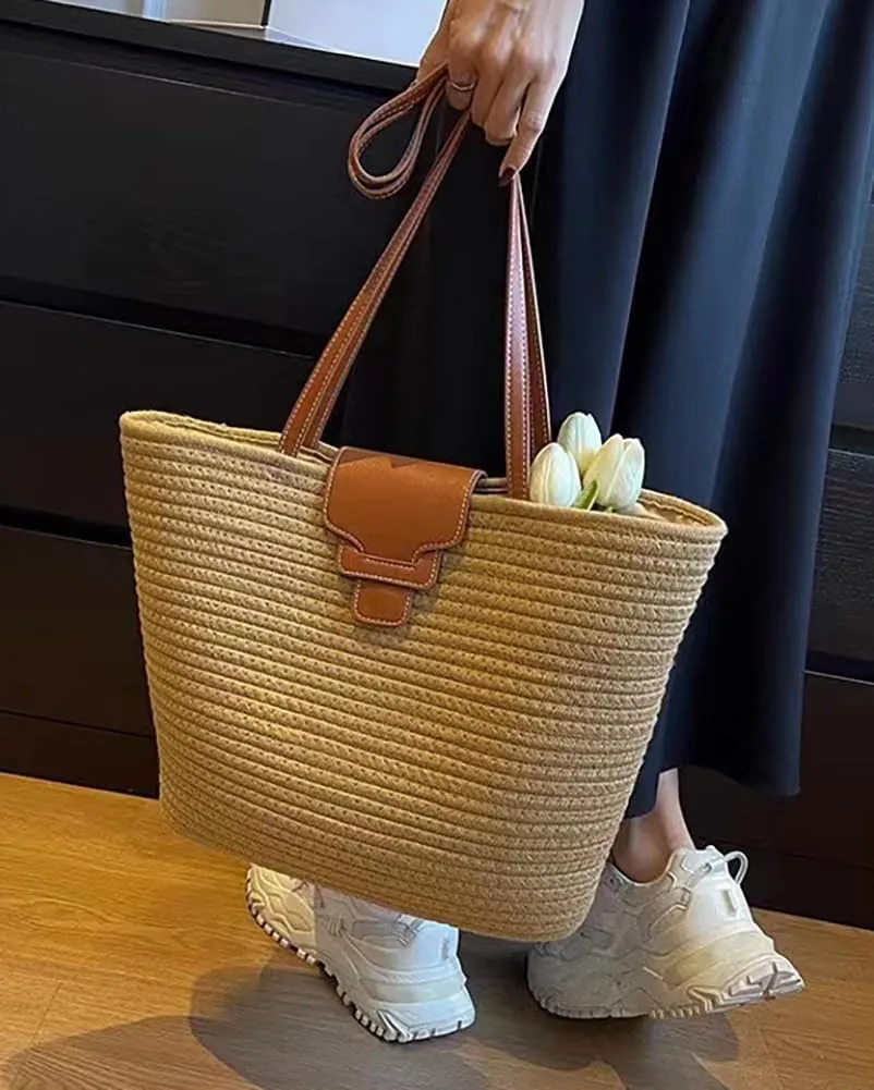 Rungion Summer Straw Tote Bags for Women Knitted Large Top Handle Handbags Woven Beach Shoulder Bags Casual Shopping Purse