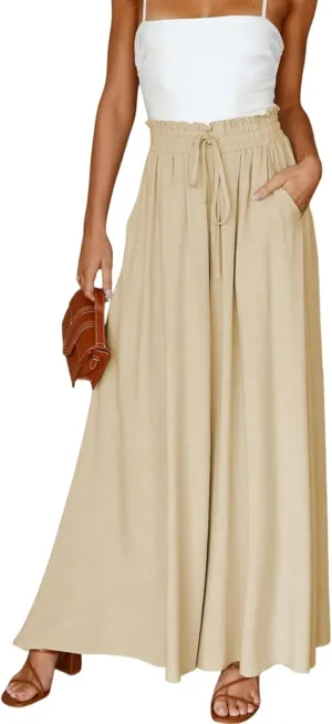 R.Vivimos Women's Wide Leg Lounge Pants Elastic High Waisted Drawstring Tie Casual Flowy Palazzo Pants Trousers with Pockets