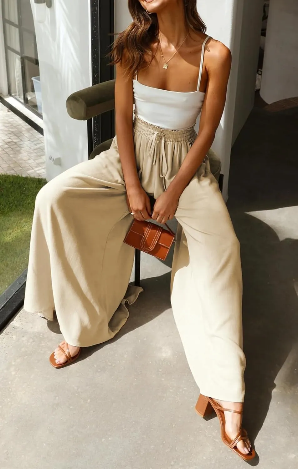 R.Vivimos Women's Wide Leg Lounge Pants Elastic High Waisted Drawstring Tie Casual Flowy Palazzo Pants Trousers with Pockets