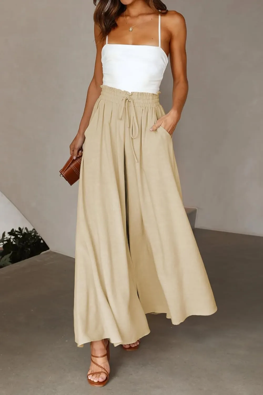 R.Vivimos Women's Wide Leg Lounge Pants Elastic High Waisted Drawstring Tie Casual Flowy Palazzo Pants Trousers with Pockets