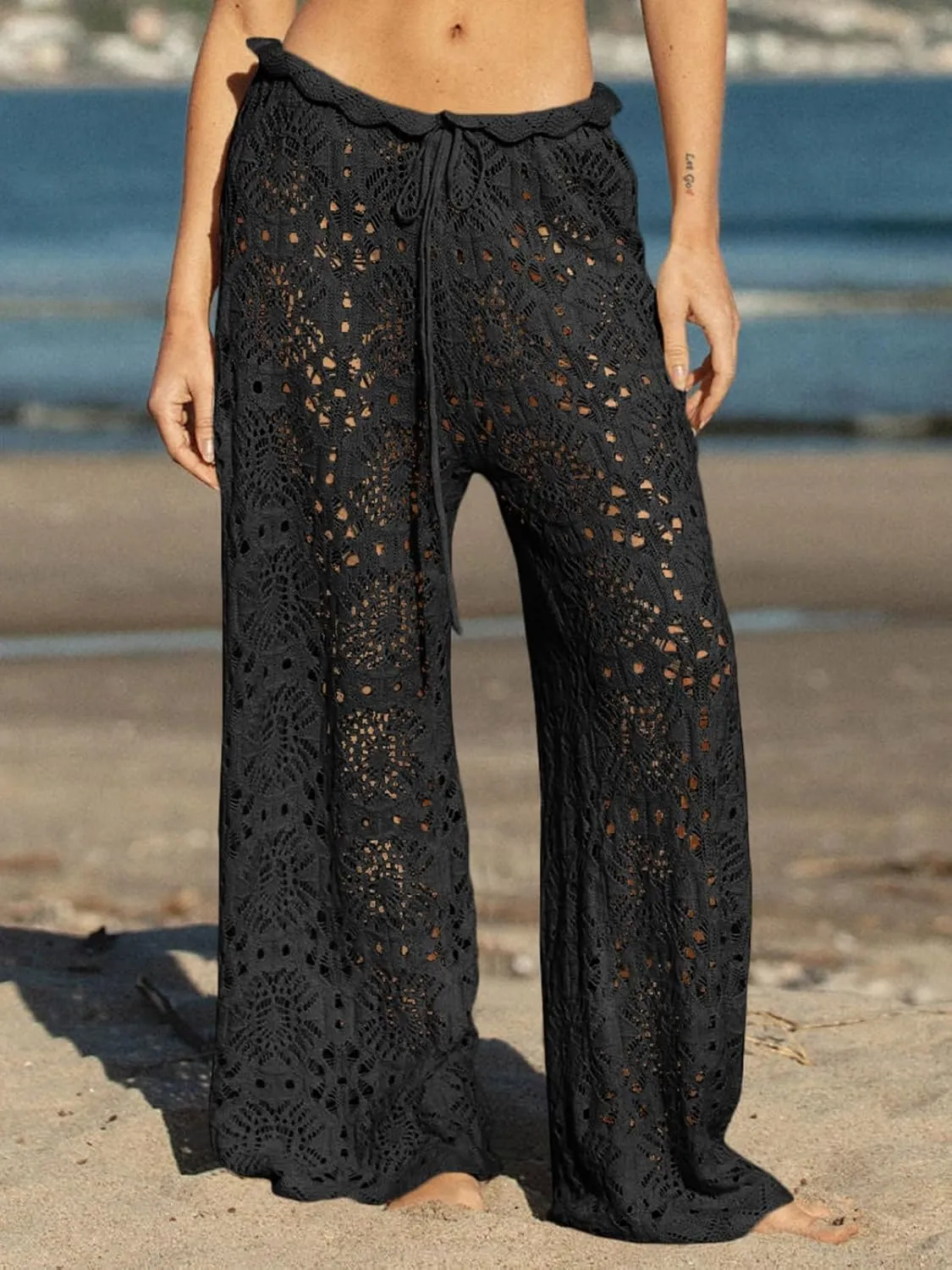 Saodimallsu Womens Crochet Swimsuit Coverup Pants High Waisted Drawstring Sexy Sheer Mesh Knit Wide Leg Beach Pants