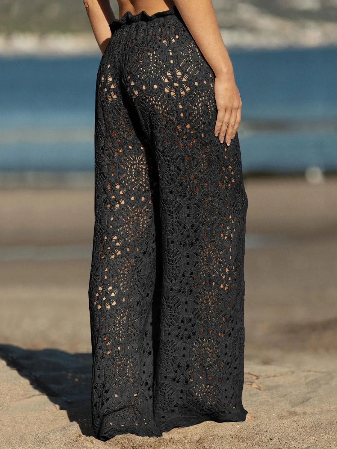 Saodimallsu Womens Crochet Swimsuit Coverup Pants High Waisted Drawstring Sexy Sheer Mesh Knit Wide Leg Beach Pants