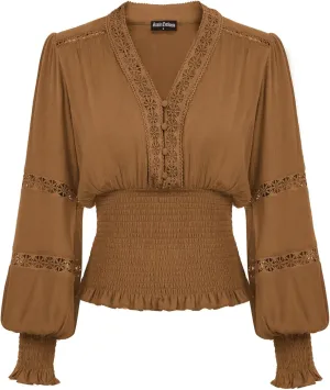 Scarlet Darkness Women's Renaissance Peasant Blouse V Neck Lantern Sleeve Lace Smocked Tops