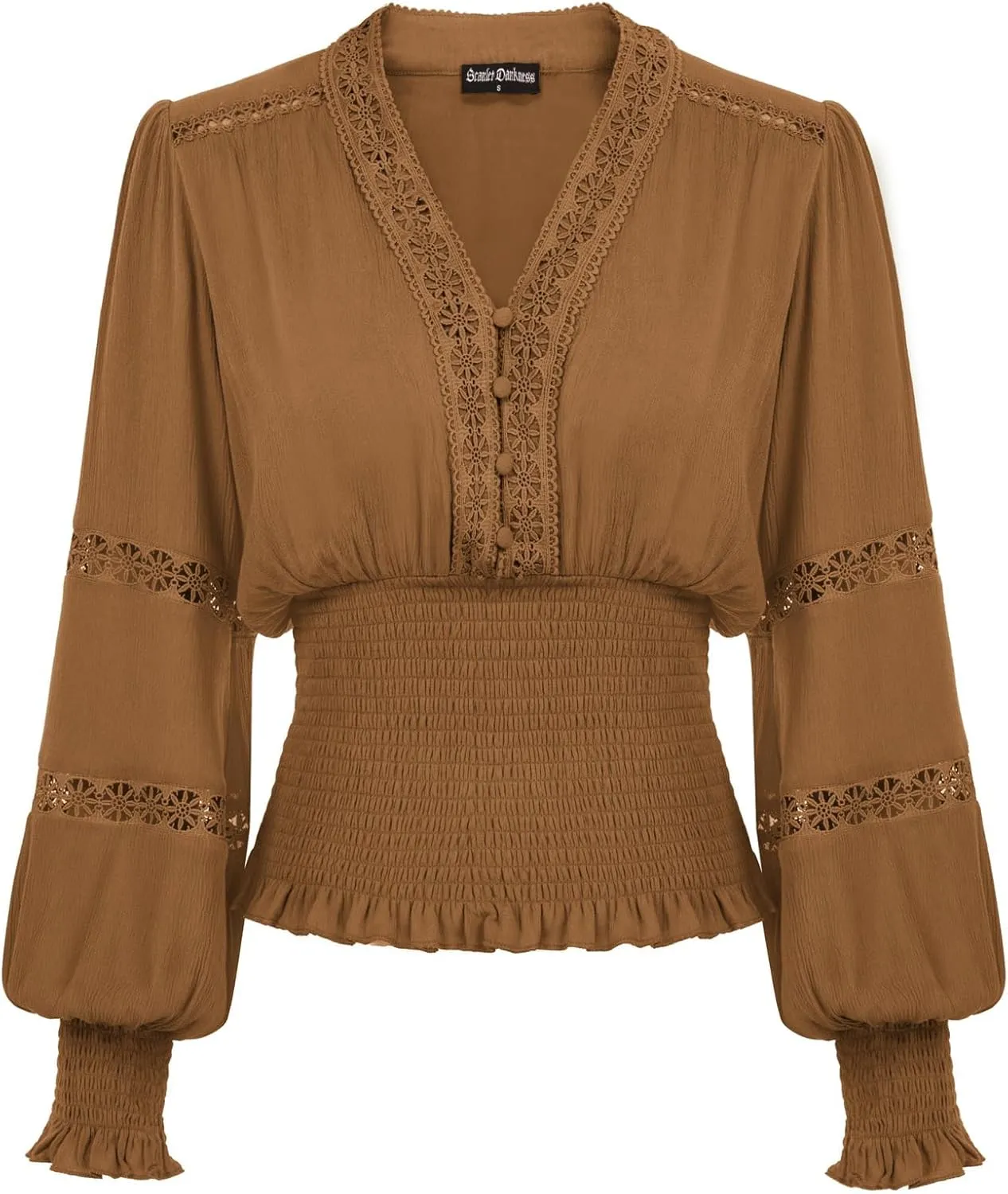 Scarlet Darkness Women's Renaissance Peasant Blouse V Neck Lantern Sleeve Lace Smocked Tops