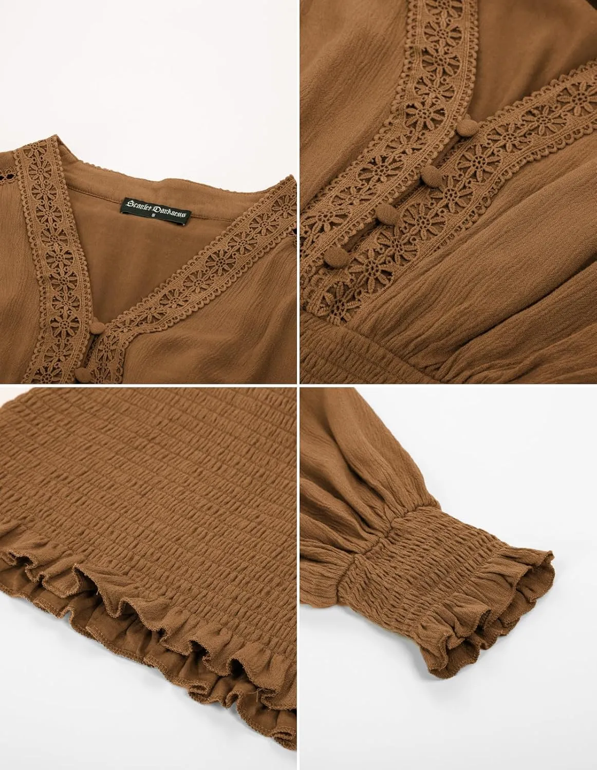 Scarlet Darkness Women's Renaissance Peasant Blouse V Neck Lantern Sleeve Lace Smocked Tops