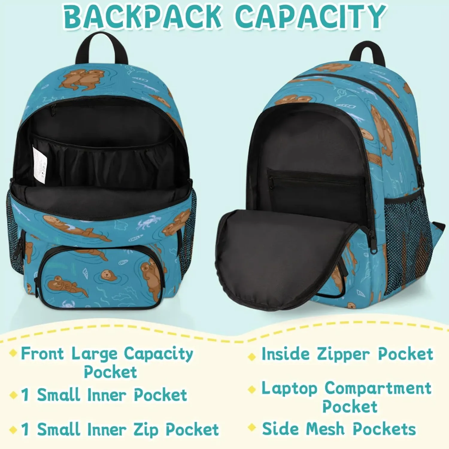 School Backpack for Men Women, Laptop Backpack Bookbag for Kids Students College Business Travel with Chest Strap 16.7 Inch(Sea Otters)