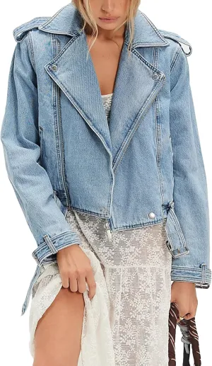 SCOFEEL Women's Distressed Denim Jacket Long Sleeve Zip Up Jean Shacket Casual Loose Fit Coat with Pockets