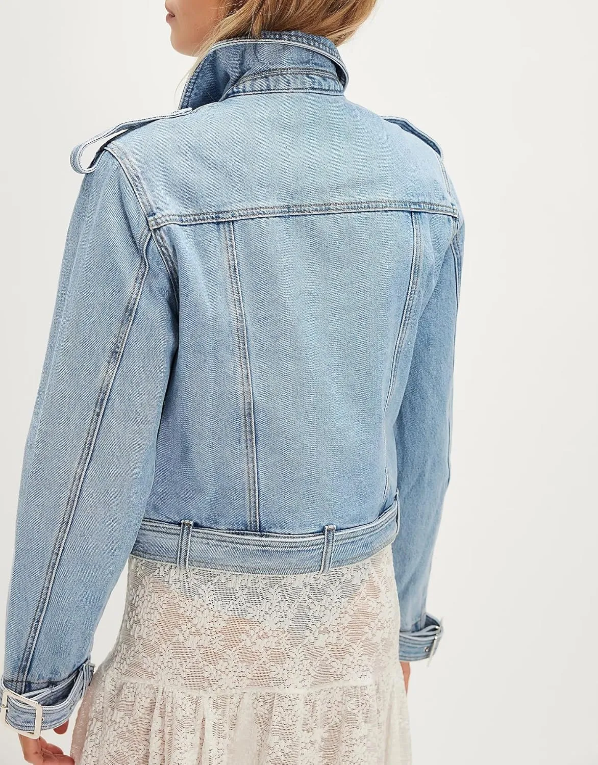 SCOFEEL Women's Distressed Denim Jacket Long Sleeve Zip Up Jean Shacket Casual Loose Fit Coat with Pockets