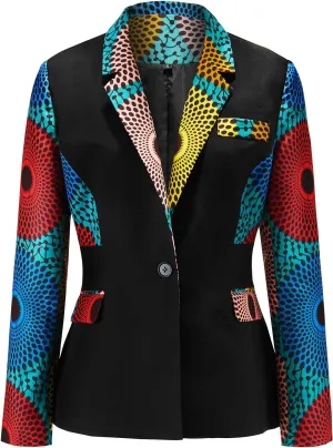 SHENBOLEN Women African Print Coat Notched Lapel Pocket Blazer Jacket