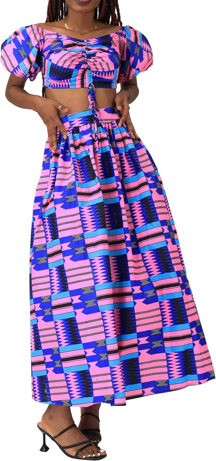 SHENBOLEN Women African Print Skirt and Top Ankara Maxi Skirts 2 Piece Set Sexy Party Outfits