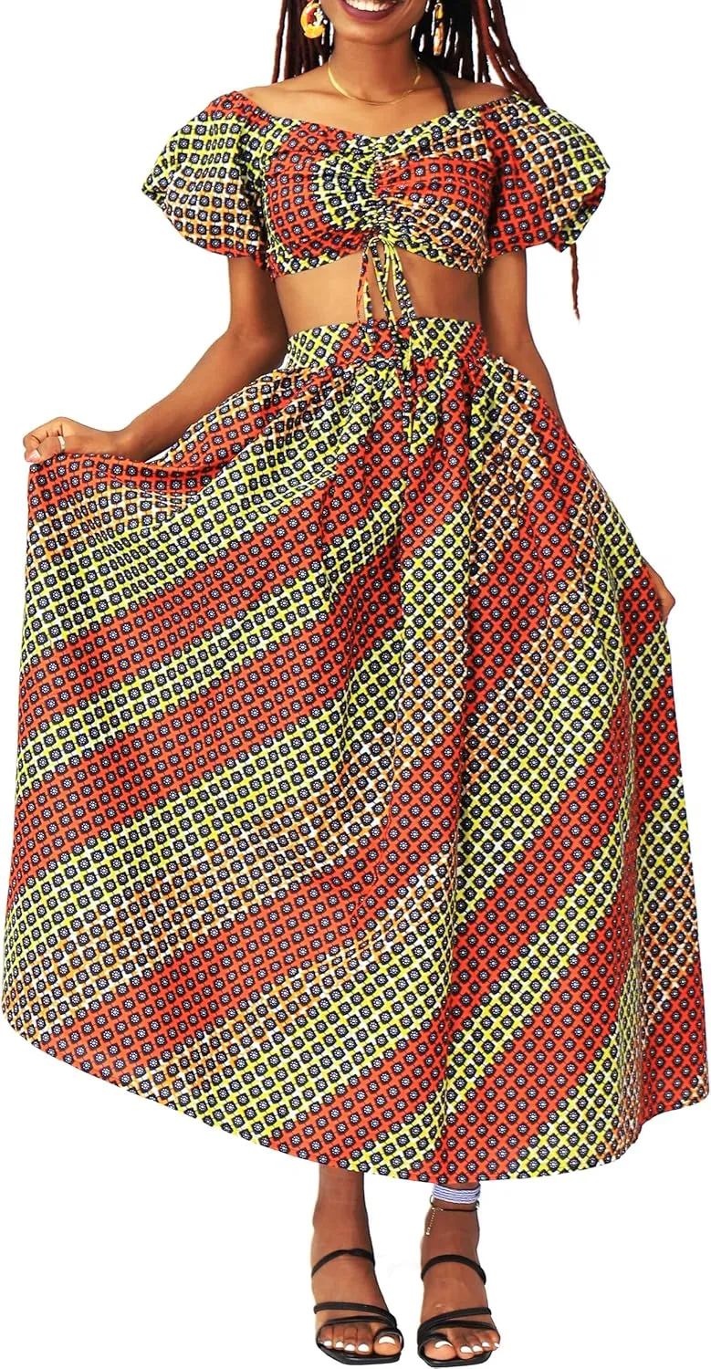 SHENBOLEN Women African Print Skirt and Top Ankara Maxi Skirts 2 Piece Set Sexy Party Outfits