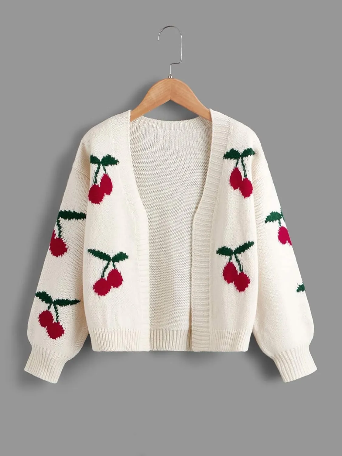SHENHE Girl's V Neck Cherry Print Cute Open Front Soft Drop Shoulder Cardigan Sweater