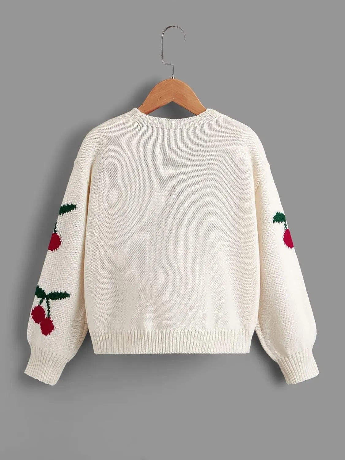 SHENHE Girl's V Neck Cherry Print Cute Open Front Soft Drop Shoulder Cardigan Sweater