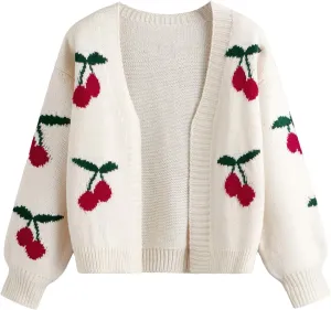 SHENHE Girl's V Neck Cherry Print Cute Open Front Soft Drop Shoulder Cardigan Sweater