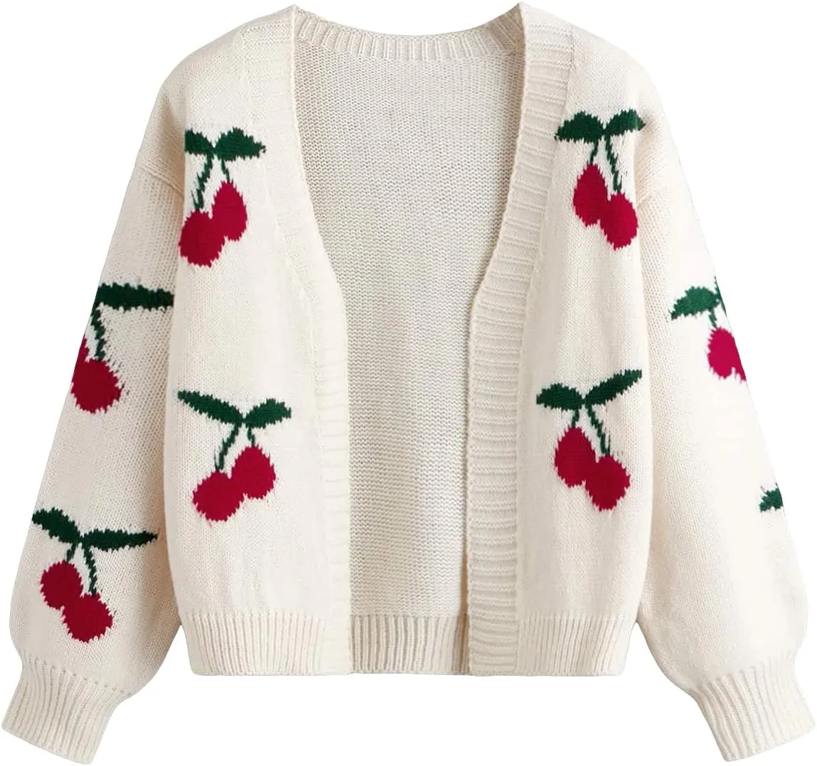 SHENHE Girl's V Neck Cherry Print Cute Open Front Soft Drop Shoulder Cardigan Sweater