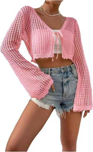SHENHE Women's Tie Front Tops Bell Long Sleeve Knit Crochet Cardigan Crop Top
