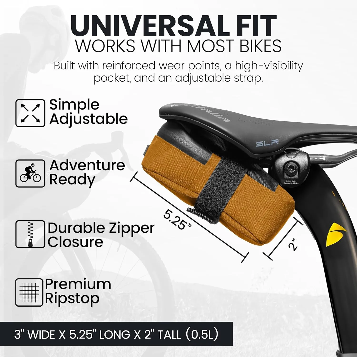 Signature Bike Saddle Bag  California Gold | 0.5L Bike Seat Bag (3" x 5.25" x 2") | Water-Resistant Ripstop, Waterproof Zipper, Internal Pocket | Durable Under Seat Storage