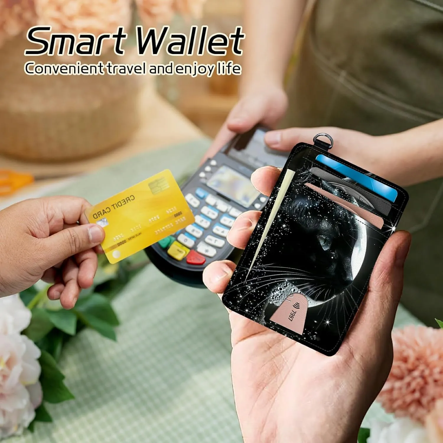 Small Travel Wallets, Black Cat Moon Slim Minimalist Front Pocket Wallet with Wristlet, RFID Blocking PU Leather Credit Card Holder with ID Window Change Purse for Men Women