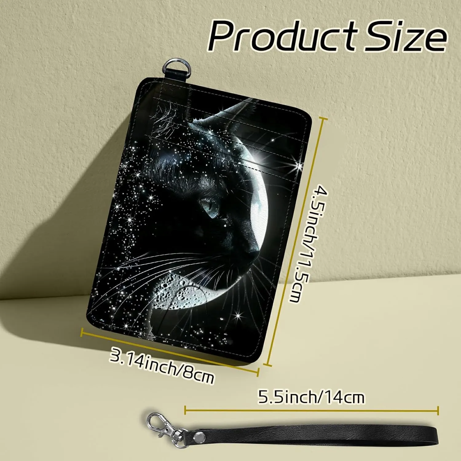 Small Travel Wallets, Black Cat Moon Slim Minimalist Front Pocket Wallet with Wristlet, RFID Blocking PU Leather Credit Card Holder with ID Window Change Purse for Men Women