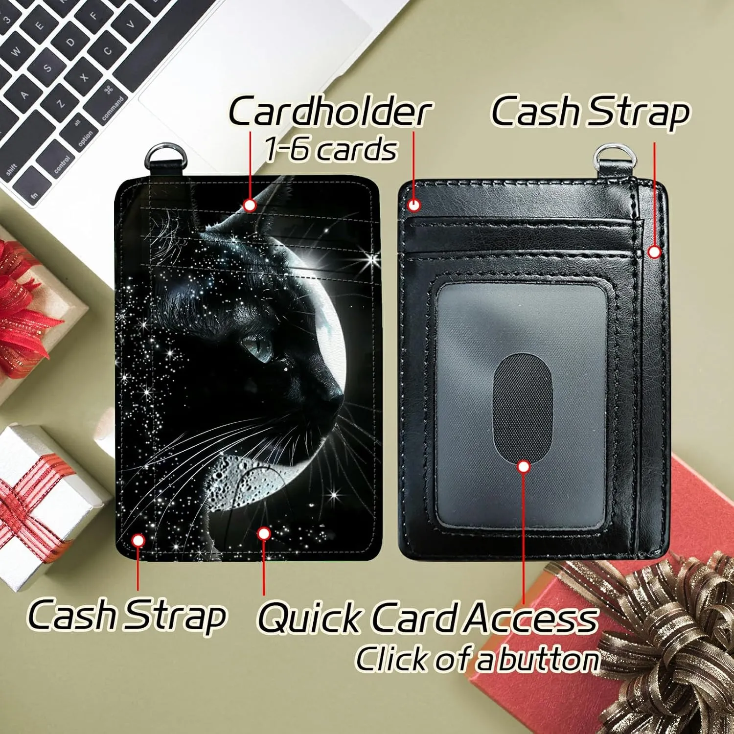 Small Travel Wallets, Black Cat Moon Slim Minimalist Front Pocket Wallet with Wristlet, RFID Blocking PU Leather Credit Card Holder with ID Window Change Purse for Men Women