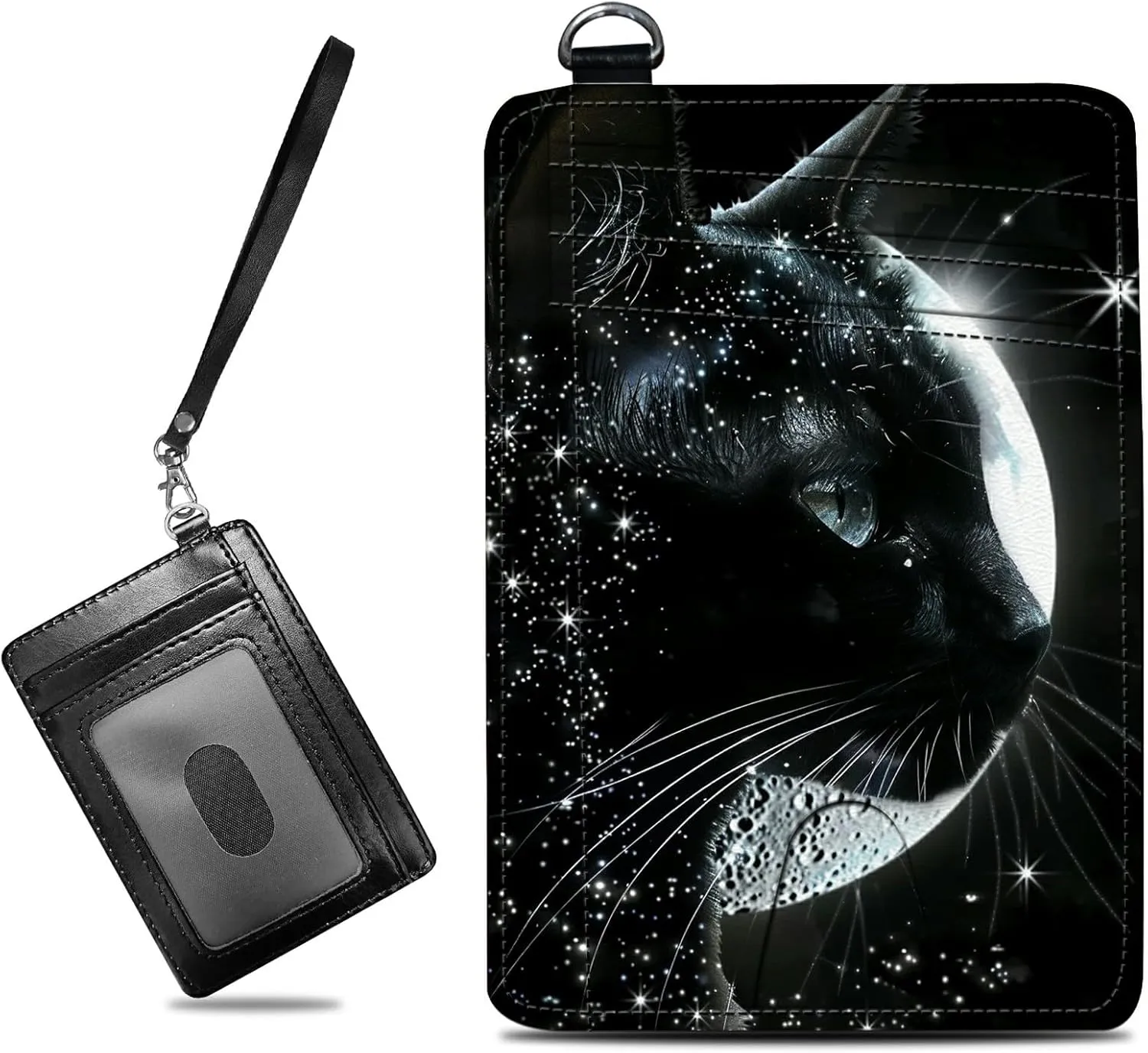 Small Travel Wallets, Black Cat Moon Slim Minimalist Front Pocket Wallet with Wristlet, RFID Blocking PU Leather Credit Card Holder with ID Window Change Purse for Men Women
