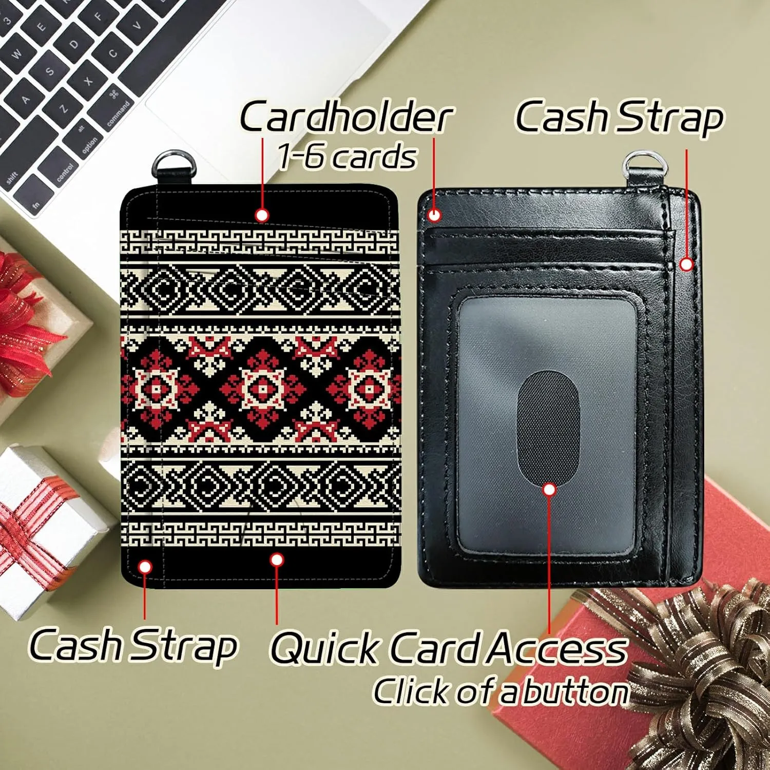 Small Travel Wallets, Bohemia National Decoration Slim Minimalist Front Pocket Wallet with Wristlet, RFID Blocking PU Leather Credit Card Holder with ID Window Change Purse for Men Women