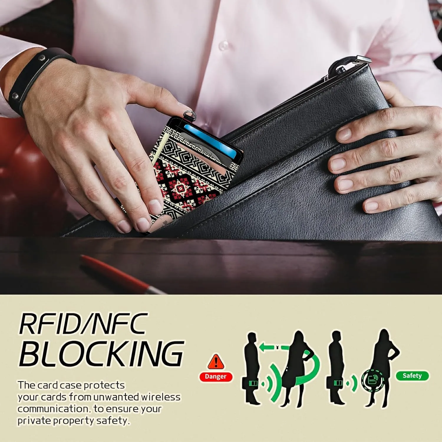 Small Travel Wallets, Bohemia National Decoration Slim Minimalist Front Pocket Wallet with Wristlet, RFID Blocking PU Leather Credit Card Holder with ID Window Change Purse for Men Women