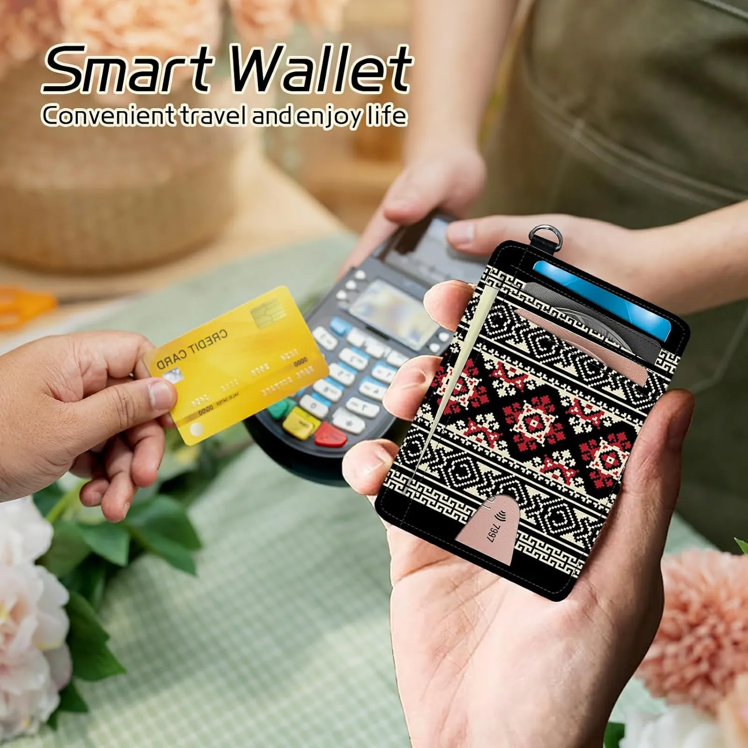 Small Travel Wallets, Bohemia National Decoration Slim Minimalist Front Pocket Wallet with Wristlet, RFID Blocking PU Leather Credit Card Holder with ID Window Change Purse for Men Women
