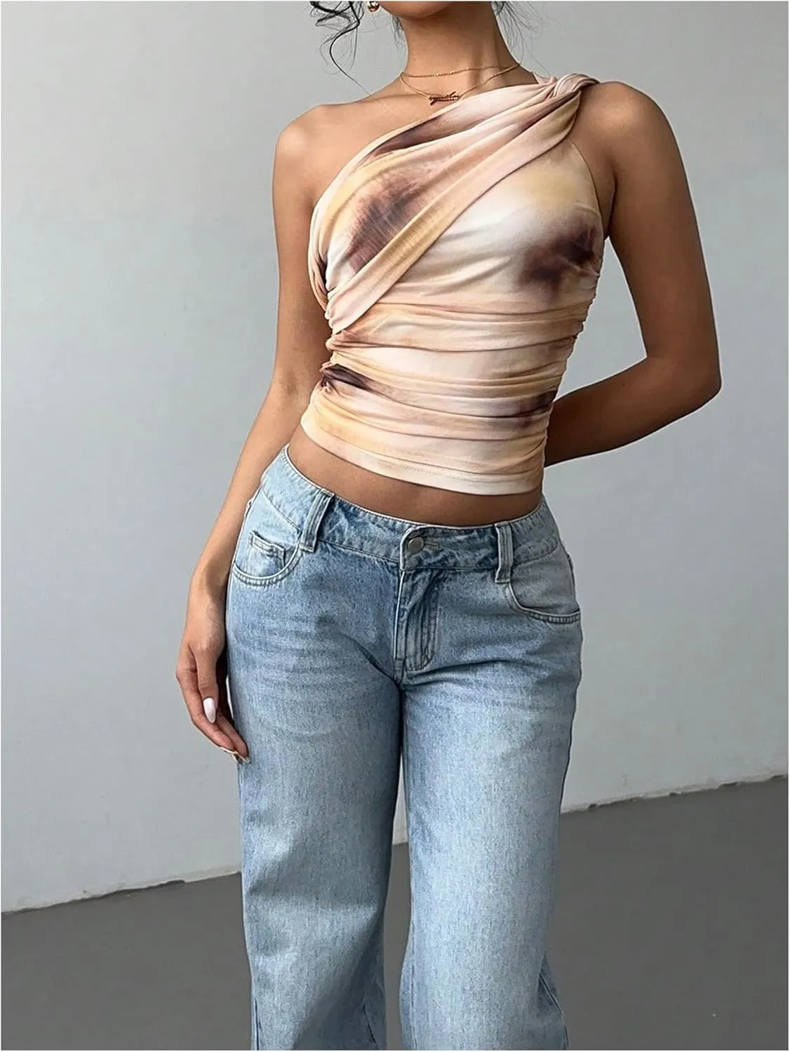 SOLY HUX Women's One Shoulder Crop Tops Y2K Tie Dye Ruched Sleeveless Club Festival Concert Going Out Top