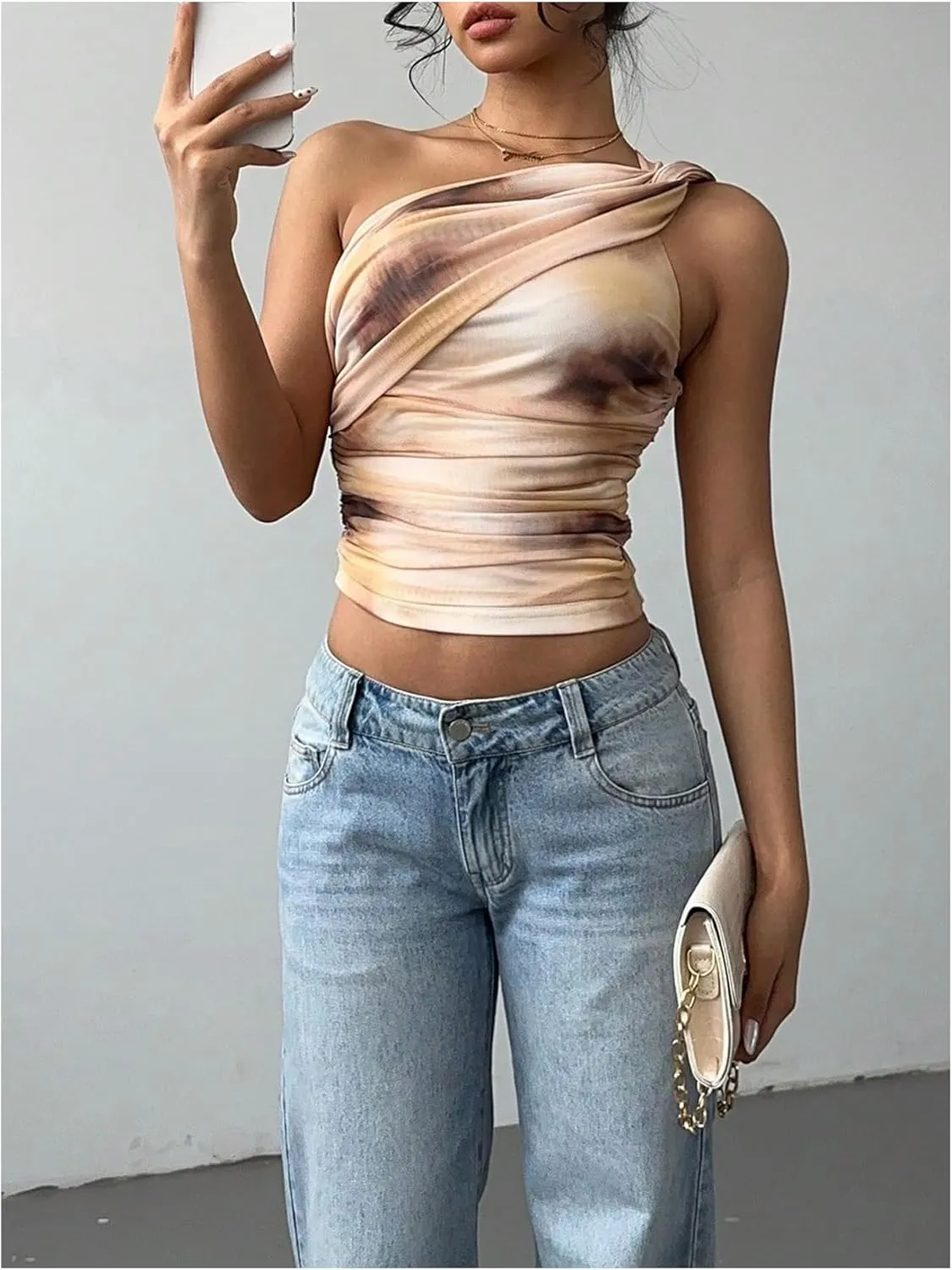 SOLY HUX Women's One Shoulder Crop Tops Y2K Tie Dye Ruched Sleeveless Club Festival Concert Going Out Top