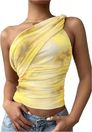 SOLY HUX Women's One Shoulder Crop Tops Y2K Tie Dye Ruched Sleeveless Club Festival Concert Going Out Top