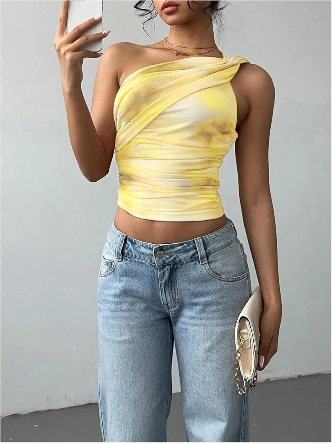 SOLY HUX Women's One Shoulder Crop Tops Y2K Tie Dye Ruched Sleeveless Club Festival Concert Going Out Top