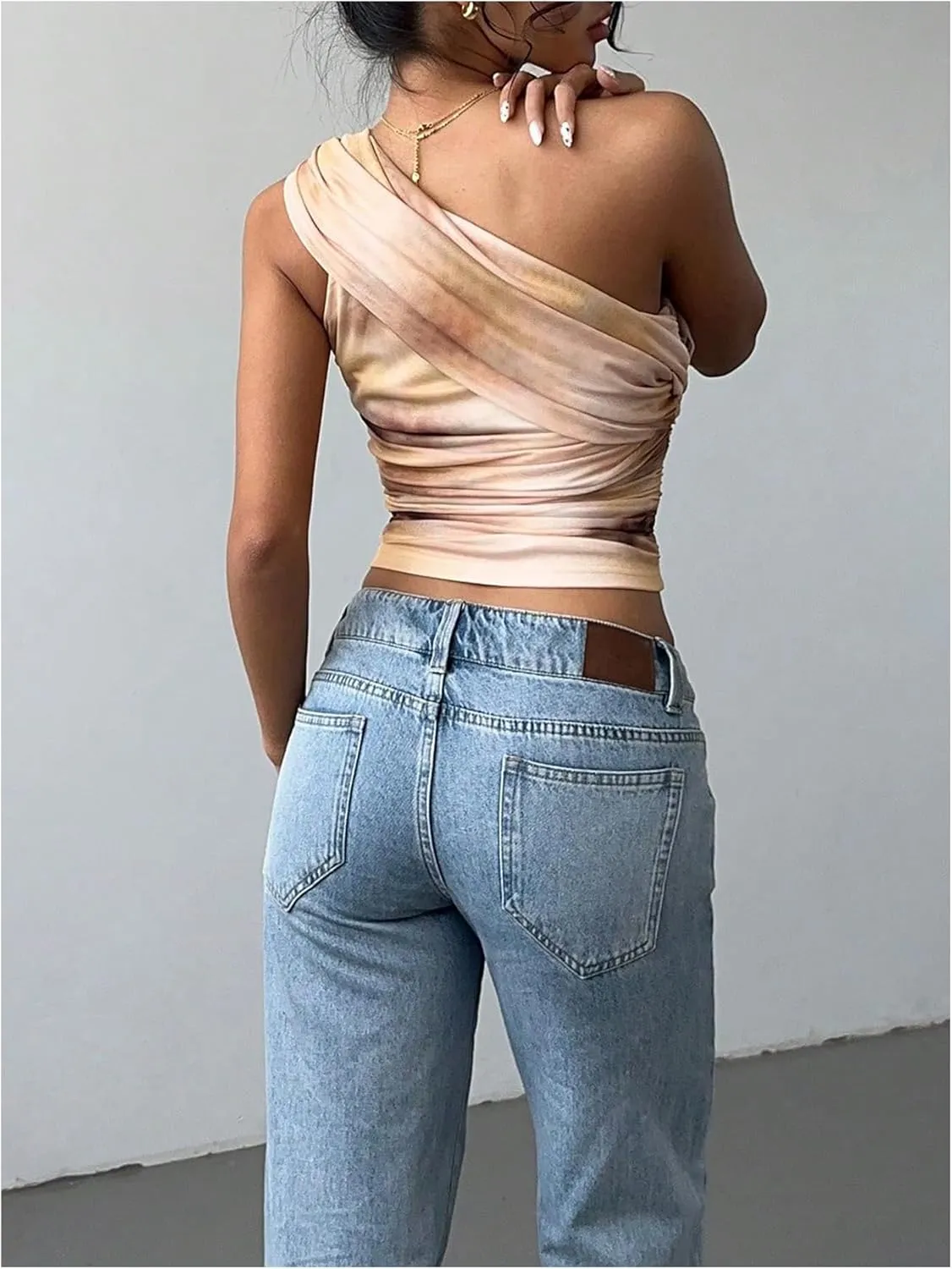 SOLY HUX Women's One Shoulder Crop Tops Y2K Tie Dye Ruched Sleeveless Club Festival Concert Going Out Top