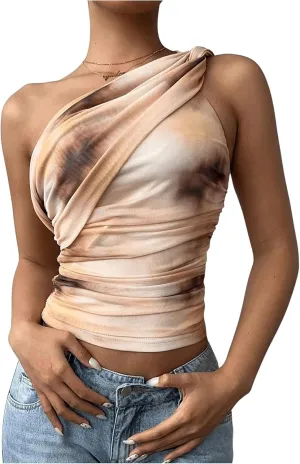 SOLY HUX Women's One Shoulder Crop Tops Y2K Tie Dye Ruched Sleeveless Club Festival Concert Going Out Top