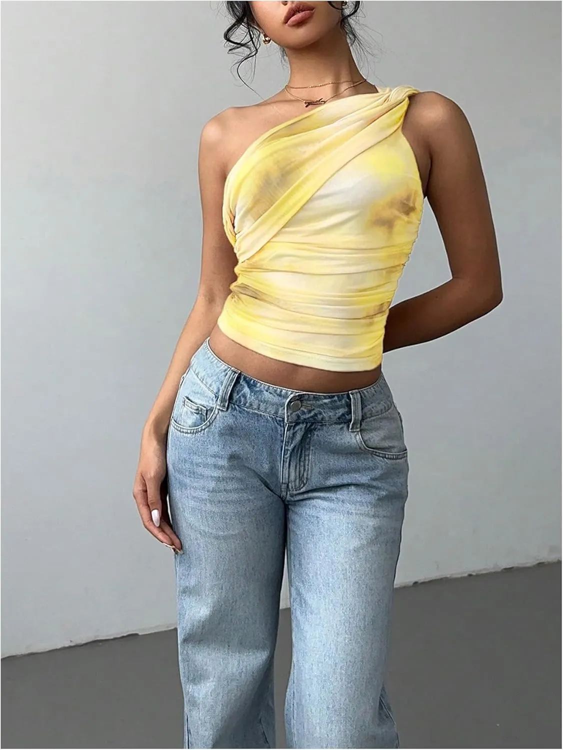 SOLY HUX Women's One Shoulder Crop Tops Y2K Tie Dye Ruched Sleeveless Club Festival Concert Going Out Top