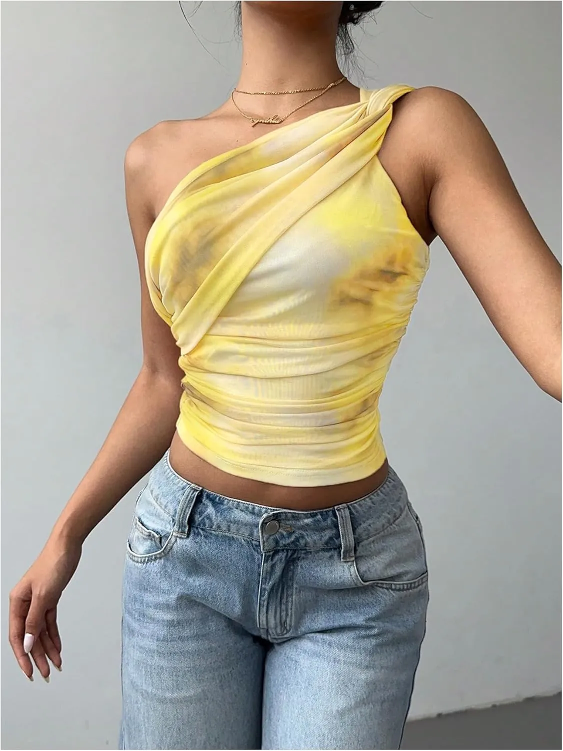 SOLY HUX Women's One Shoulder Crop Tops Y2K Tie Dye Ruched Sleeveless Club Festival Concert Going Out Top