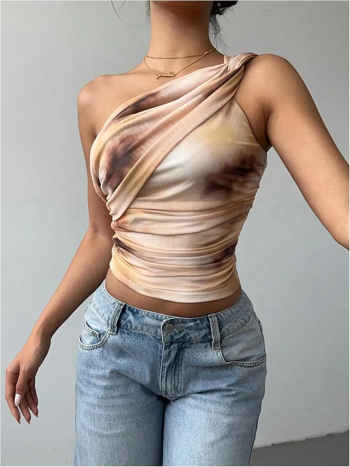 SOLY HUX Women's One Shoulder Crop Tops Y2K Tie Dye Ruched Sleeveless Club Festival Concert Going Out Top