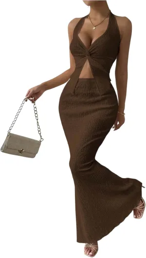 SOLY HUX Women's Two Piece Outfits Twist Front Halter Cami Tops and Skirt Summer Set