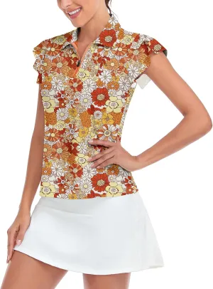 Soneven Womens Petal Sleeve Golf Shirts Moisture Wicking Lady Golf Apparel Print Tennis Sport T Shirt
