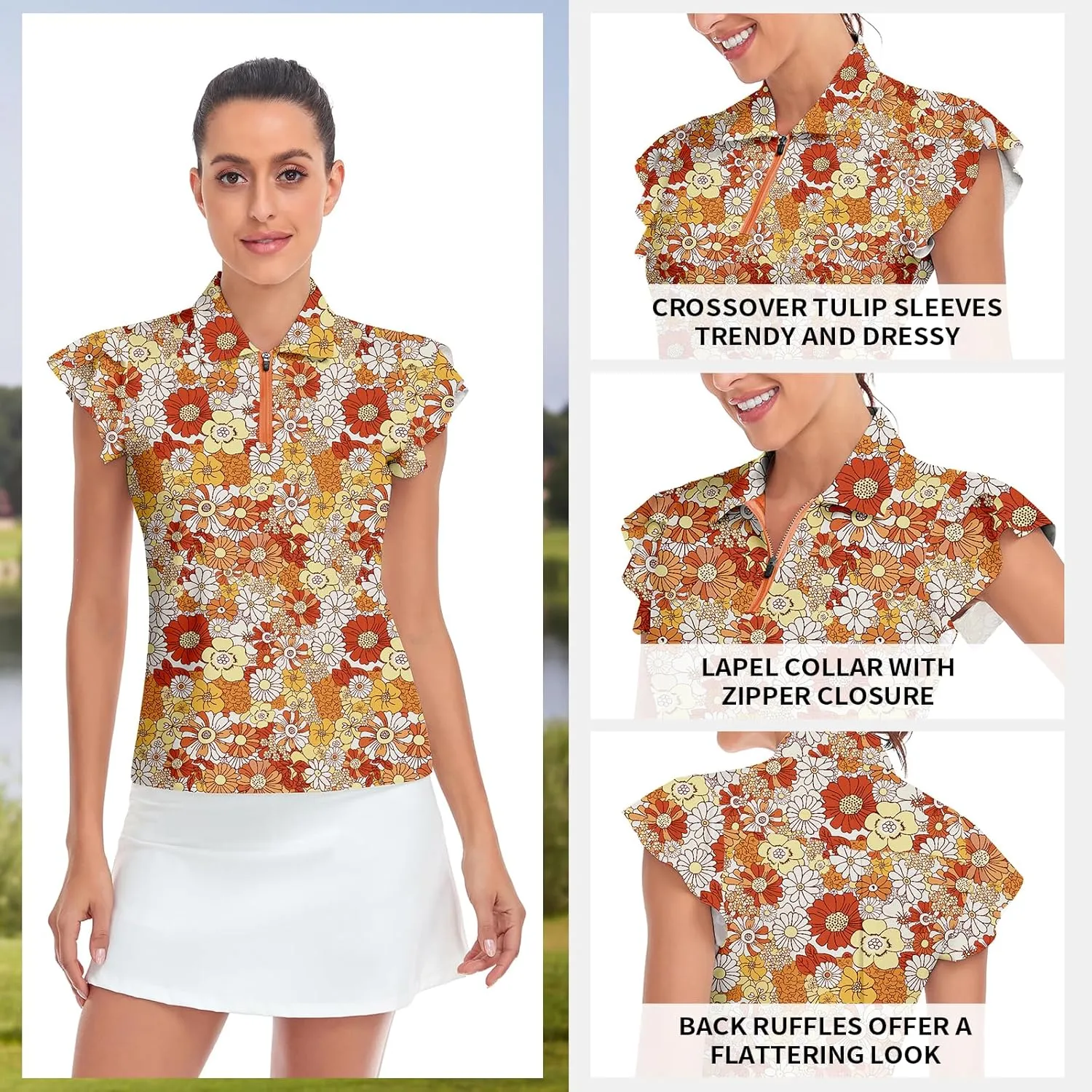 Soneven Womens Petal Sleeve Golf Shirts Moisture Wicking Lady Golf Apparel Print Tennis Sport T Shirt
