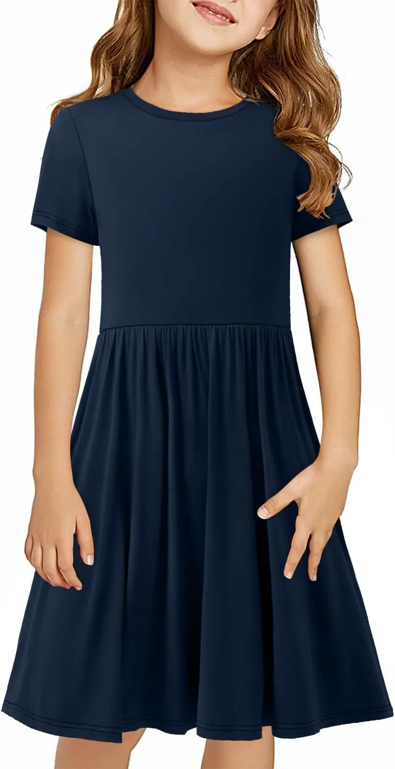 storeofbaby Girls Short Sleeve Dress Casual A Line Twirly Skater Dresses 4-13 Years